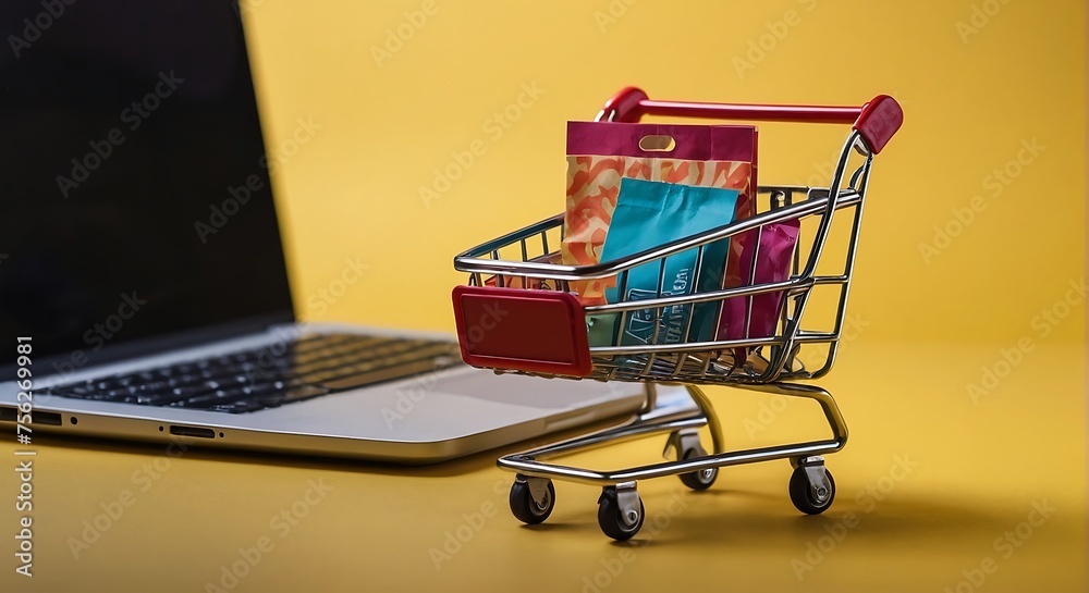 Shopping cart shopping bag laptop for online shopping promoting sales offers online e commerce 