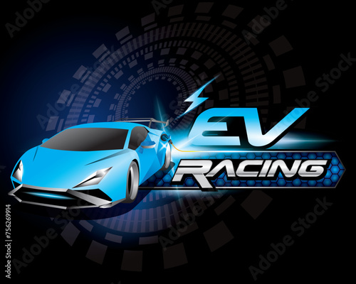 Design logo concept Racing with Power cable pump plug in charging power to electric vehicle EV car.