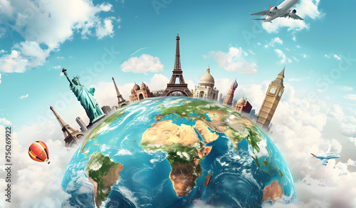 Illustration of a trip around the world, featuring famous landmarks on a globe. The artwork showcases various iconic monuments and creates a world travel background. © jex