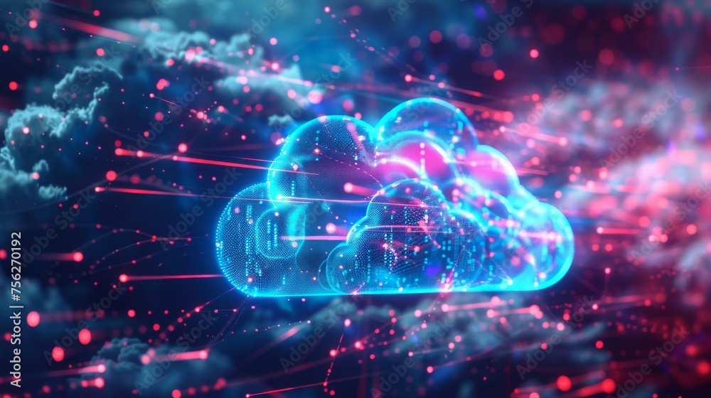 Fototapeta premium Futuristic technology concept, cloud computing concept. Technological interface and clouds. On dark background.