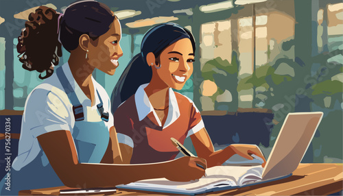 two women working on laptop in cafe