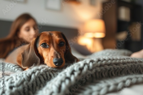 Dachshund lying on a knitted blanket with a woman in the background.