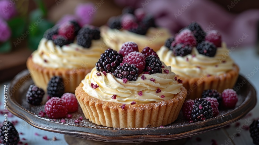 Berry topped mini cheesecakes on a rustic plate. Homemade bakery concept. Berry topped mini cheesecakes on a rustic plate. Homemade bakery concept.
