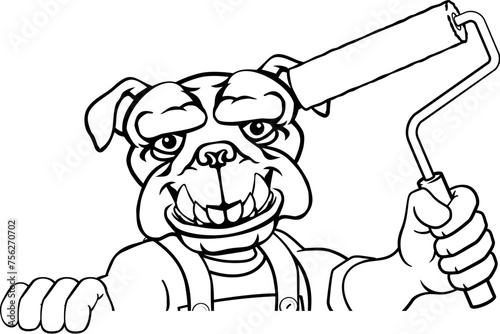 A bulldog painter decorator handyman cartoon construction man mascot character holding a paint roller tool