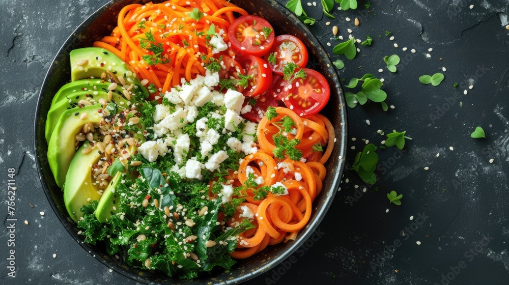 Healthy vegetarian Buddha bowl with avocado, quinoa, carrots, and tomatoes.