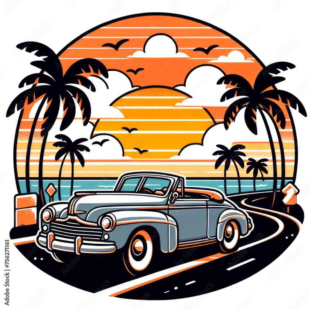 Vintage Car Tropical Sunset Road Trip
