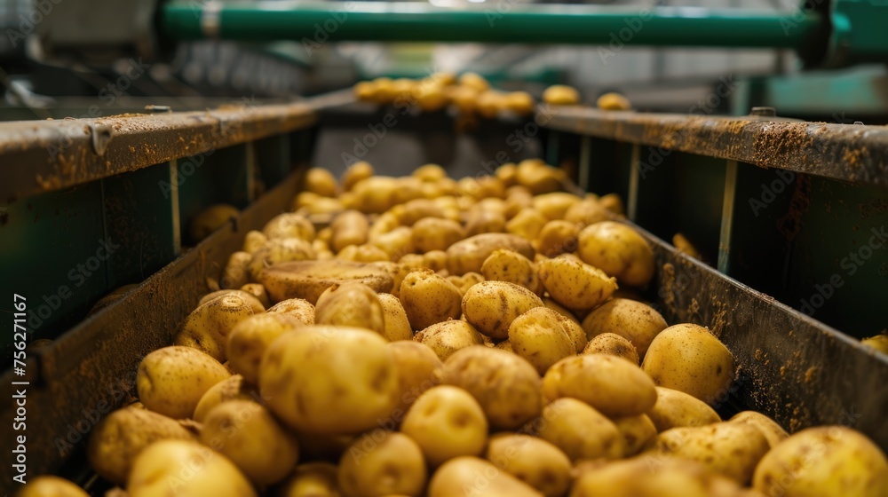 Fresh potatoes on conveyor belt in agricultural processing facility. Fresh potatoes on conveyor belt in agricultural processing facility.