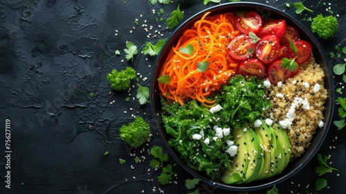 Healthy vegetarian Buddha bowl with avocado, quinoa, carrots, and tomatoes.