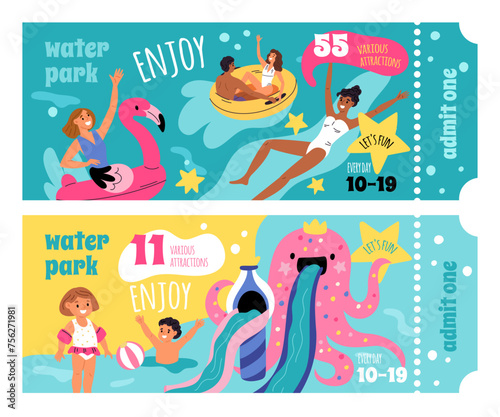 Water park tickets. Beach and pool party. Colored aqua slides. Fids and adults with inflatable rings. Waterpark attractions pass. Paper coupons. People ride waterslides. Garish vector set
