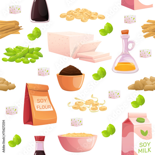 Soybean products seamless pattern. Vegetable source of protein. Repeated vegetarian food. Soy milk and tofu. Soya sauce. Seed oil bottle. Legume flour. Healthy nutrition. Vector background