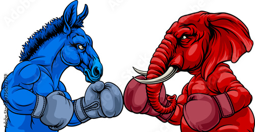 Republican and democrat elephant and donkey facing off American election party politics concept