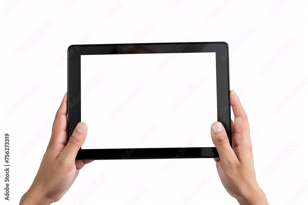 Hands touching blank screen of black tablet computer, isolated on white background, hand holding tablet Hands touching blank screen of black tablet computer, isolated on white background, hand holding tablet
