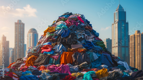 Huge pile of clothes against the backdrop of city skyscrapers. Environmental costs of fast fashion. Recycling textiles. Concept of excessive consumerism. photo