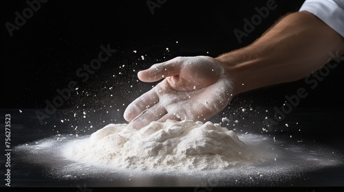 Chef's hands are making dough with white flour on black background. Concept of chef is preparing yeast dough for pasta pizza