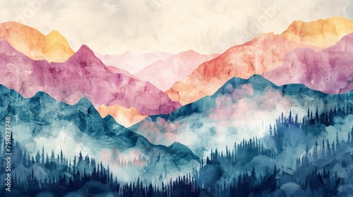 An abstract art design with geometric patterns. A mountain forest landscape design with a watercolor texture.