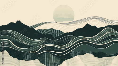 This modern has an abstract pattern of black and green lines originating from an Oriental banner design. It can be used to create a flyer or presentation in an oriental style, with a mountain © Mark