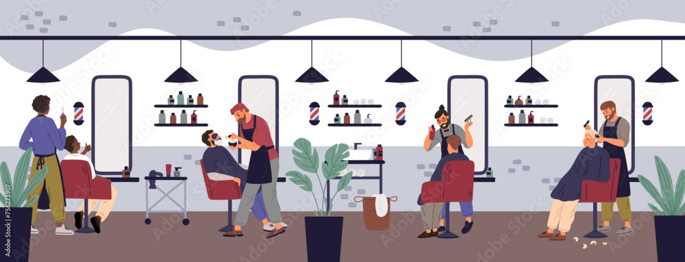 Barbershop hipster interior with visitors. Professional hairdressers cut hair and shave moustache. Combed clients on armchairs. Bearded men. Hairstyle beauty salon. Garish vector concept