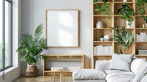Multi opening Collage shape mockup photo frame bamboo border  on bookcase in modern living room  3d render