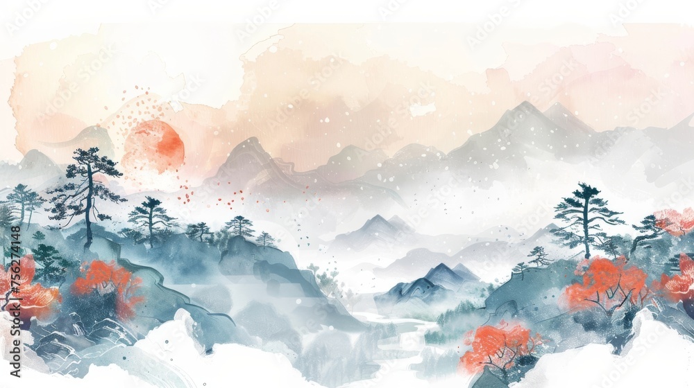 Japanese wave pattern background. Nature landscape wallpaper with watercolor painting texture. Oriental mountain forest template.