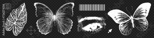 Trendy natural elements collection with a retro photocopy effect. Negative images of butterflies, leaf, eye. Y2k elements for design. Grain effect and stippling. Vector dotted brutal illustration.