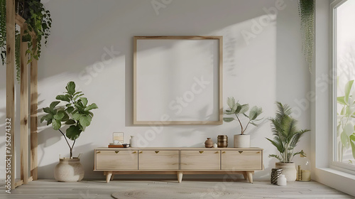 Multi opening Collage shape mockup photo frame bamboo border  on chest drawer in modern living room  3d render