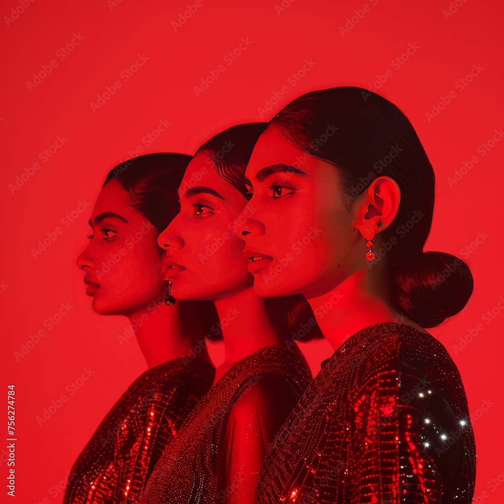Triple Elegance: Indian Fashion Trio in Red Studio generative ai