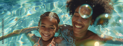 close-up of happy mother and daughter in pool photo