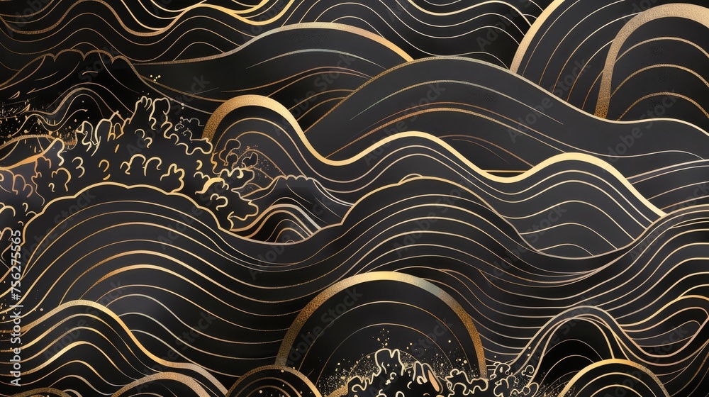 Gold line elements template in oriental style with Japanese wave pattern. Abstract background modern. Gold line elements template in oriental style with Japanese wave pattern. Abstract background modern.