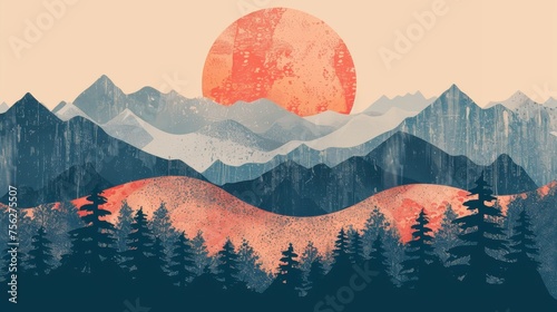 Modern art landscape background with Japanese wave pattern. Template design with curve element for vintage mountain forest layout. photo