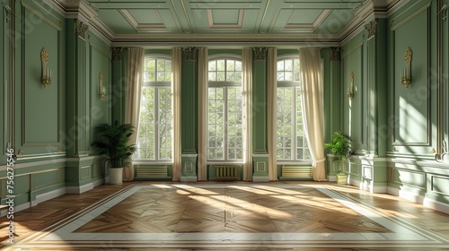 Classic interior with green walls and wooden floor. Floor parquet