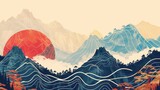 A Japanese background with line wave patterns. An abstract art banner with geometric patterns. A mountain forest layout designed in a style that is influenced by Oriental themes.