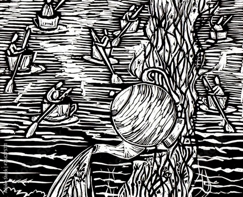 Abstract illustration. Teapot, cups with people and spoons. Lines, herbs, flowers. Linocut. Psychedelic composition with many elements. Black and white. Printmaking technique.