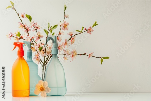 spray bottle and flowers in a glass vase