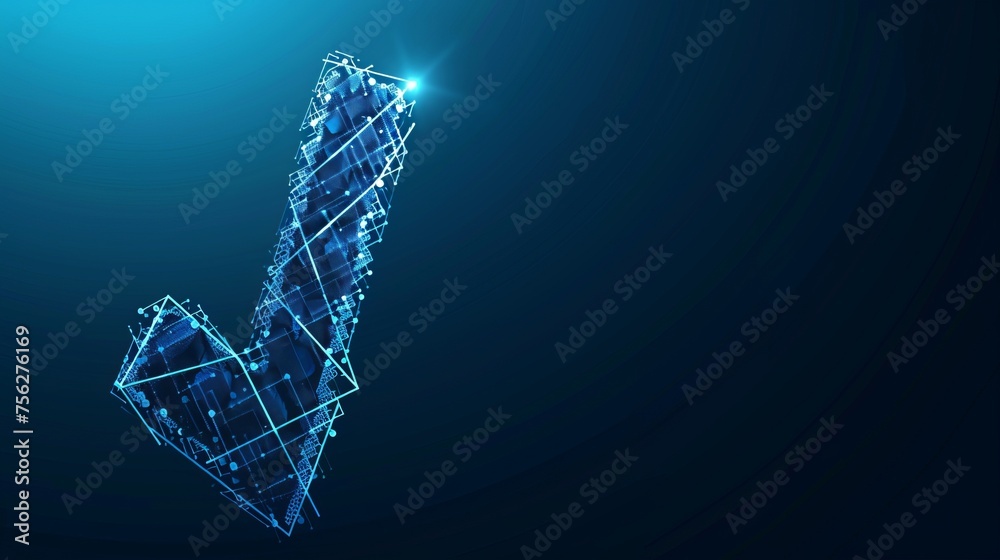 Futuristic 3d check mark made of linear polygons with neon lights on dark blue background. Modern business It, online, cyber consent confirmation concept. - obrazy, fototapety, plakaty 