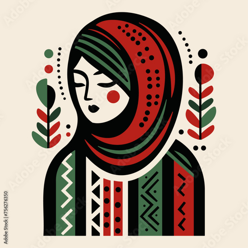 Simple Folk Elegance: A Palestinian Woman, Radiating Grace in Traditional Red and Green Attire, Captured in Charming Illustration Style.