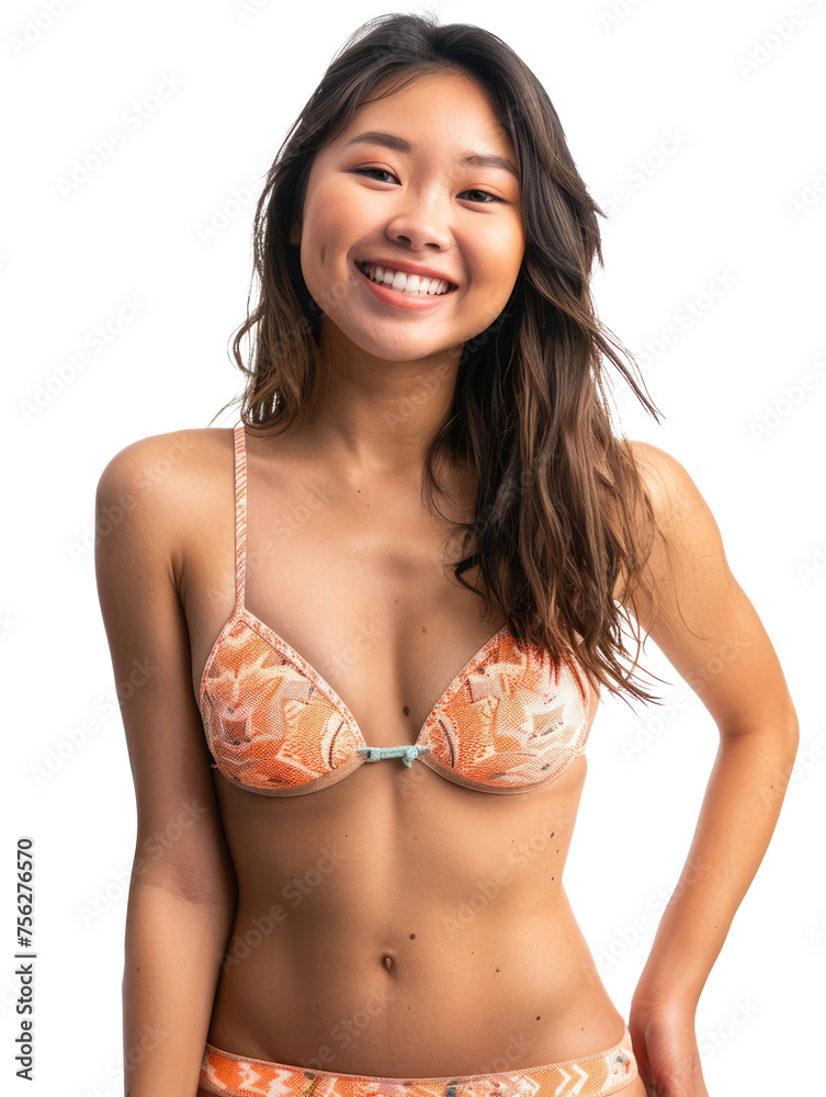beautiful asian woman in colorful summer beach bikini isolated on white or transparent
