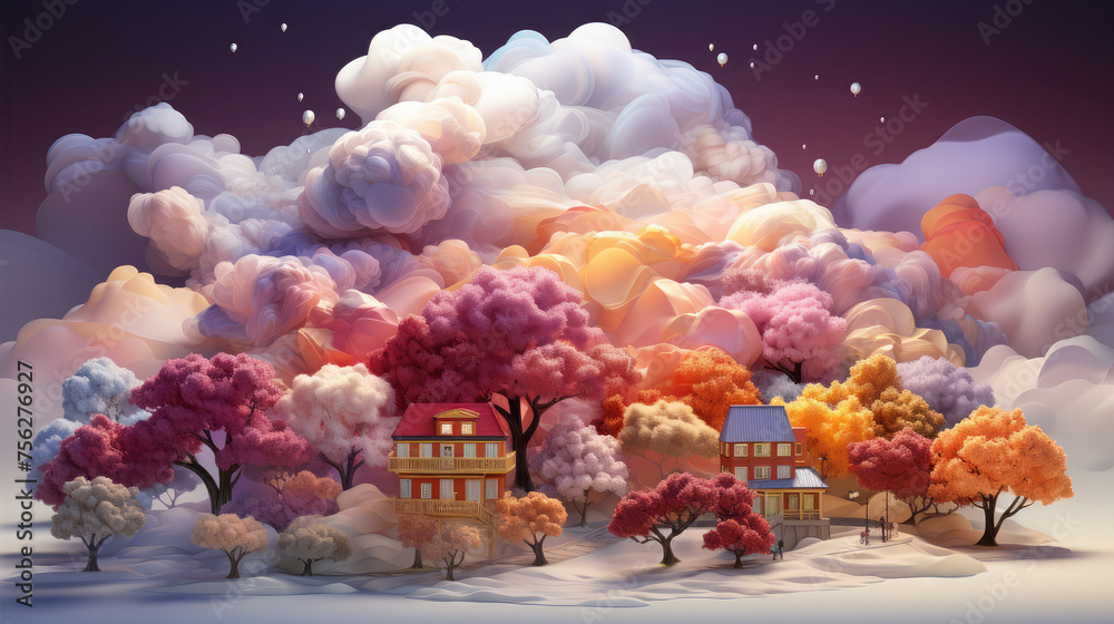 Fototapeta premium Gentle clouds of smoke, trees, houses, 3D, rainbow pastel colors, skies, soft fluffy background pink blue yellow purple generative AI