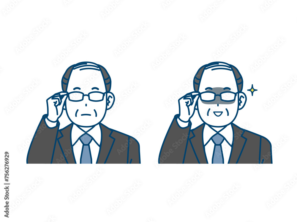眼鏡を光らせる中年会社員の男性のイラスト 眼鏡を光らせる中年会社員の男性のイラスト