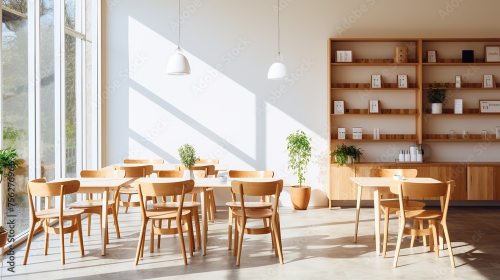 Portrait of a clean cafe space with chairs, tables, wooden shelves and white walls with sunlight penetrating the room in summer