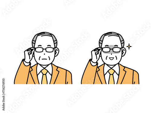 眼鏡を光らせる中年会社員の男性のイラスト