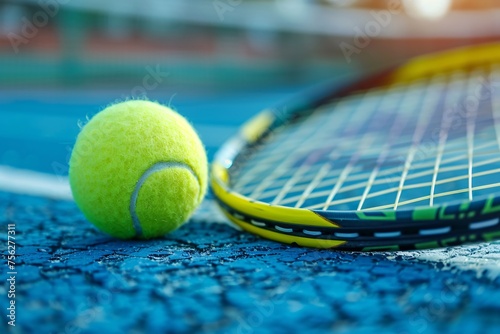 a tennis ball and racket on a blue surface © Mariana