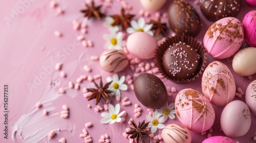 Easter decoration colorful eggs on pink background with copy space. Beautiful colorful easter eggs. Happy Easter. Isolated.