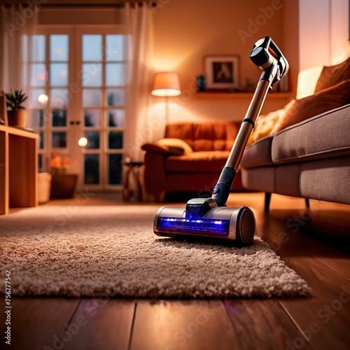 Modern high tech cordless vacuum cleaner showing new ways of home cleaning technology photo