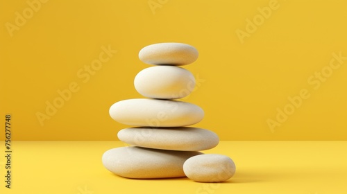 Close-up of a stack of white rounded stones on a bright yellow background with a copy space. Horizontal Layout, Template for the Presentation of Spa products, cosmetics.