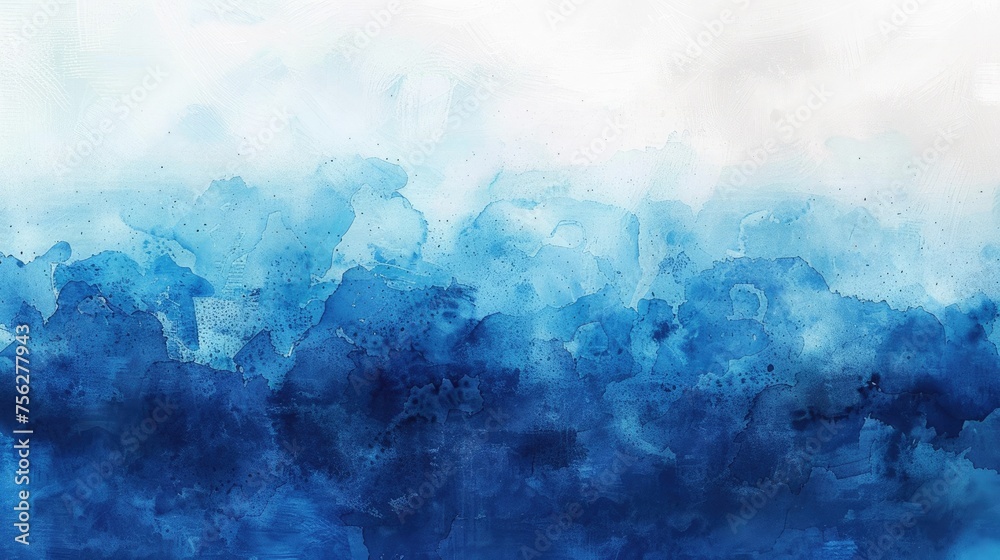 Deep blue gradient watercolor background with fluid texture, resembling ocean waves and sea mist for a dreamy abstract background - obrazy, fototapety, plakaty 