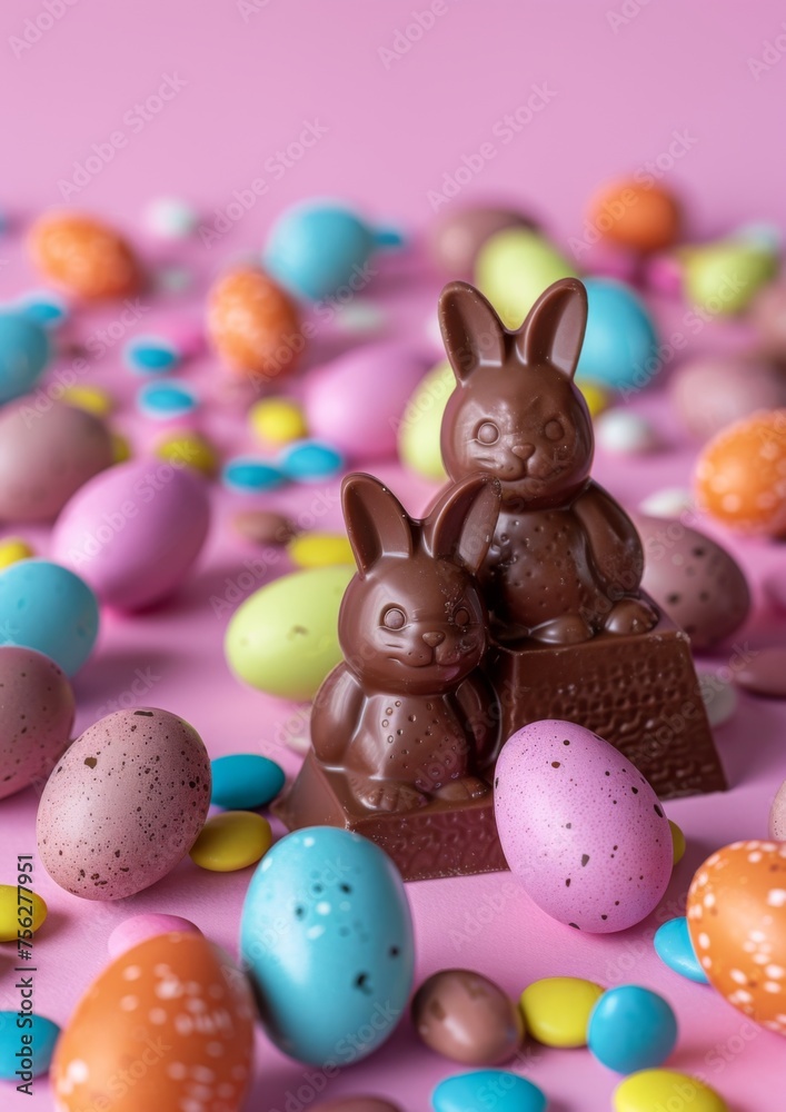 Easter decoration chocolate Easter Bunny and  colorful eggs on pink background with copy space. Beautiful colorful easter eggs. Happy Easter. Isolated.