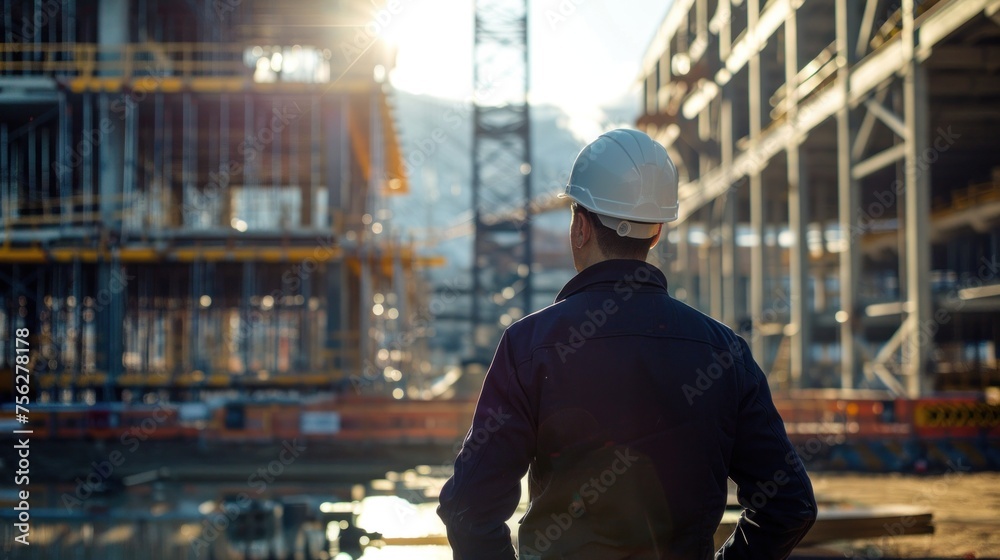 Behind the scenes, an engineer wearing a white hard hat stands and looks at a structure under construction at a work site. Behind the scenes, an engineer wearing a white hard hat stands and looks at a structure under construction at a work site.