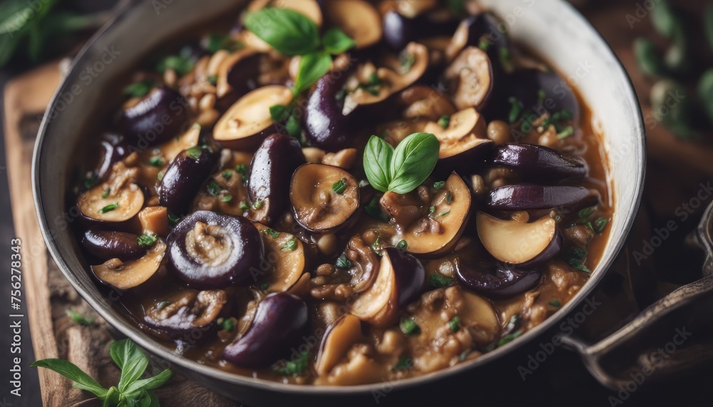Fototapeta premium Saute with mushrooms, eggplant, aubergines and basil. Vegetable stew