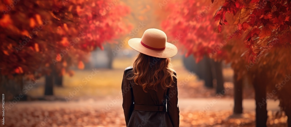 A woman with a hat stands amidst trees in the park on a sunny morning, blending into the picturesque landscape with a serene gesture, adapting to the peaceful atmosphere