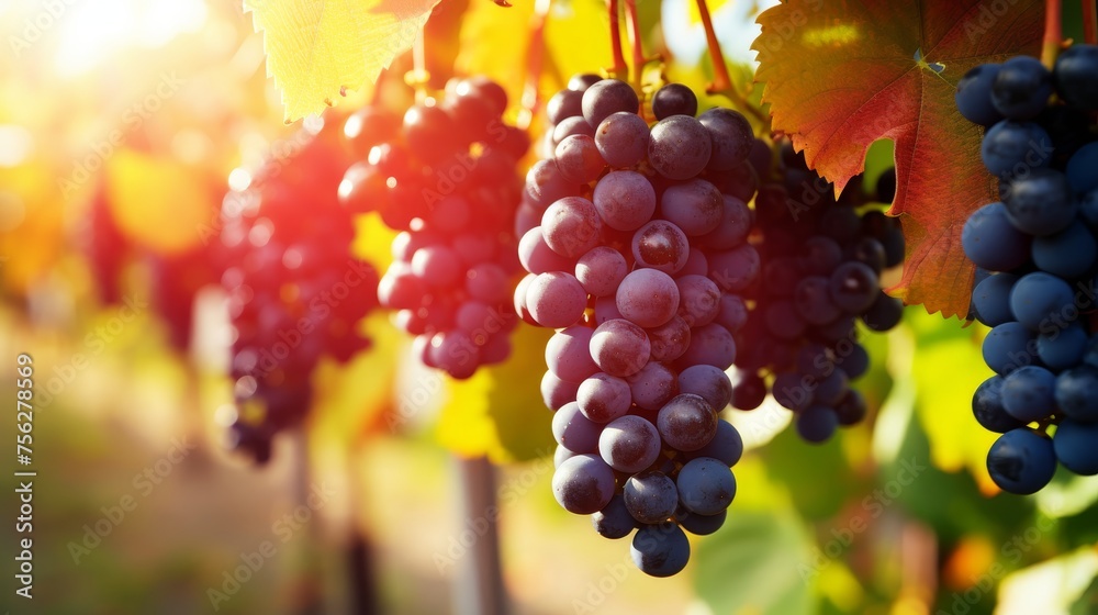 Macro close up of ripe grapes hanging on a vineyard branch with blurred vineyard background